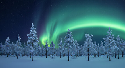 Enchanting aurora borealis illuminates a snow-covered boreal forest at night.