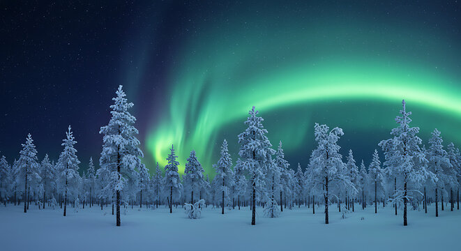 Enchanting aurora borealis illuminates a snow-covered boreal forest at night. - Powered by Adobe