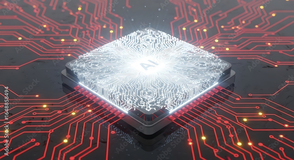 Poster advanced ai microchip technology shining with red circuit board connections for modern innovation an