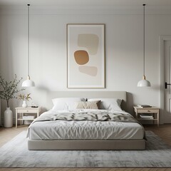 Modern Bedroom Interior Design with Neutral Colors Abstract Art and Minimalist Lighting Fixtures for Relaxation and Serenity