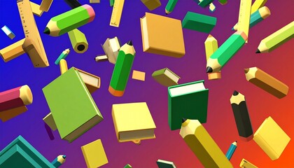 Floating Colored Pencils, Rulers, and Books Over Vibrant Gradient Background
