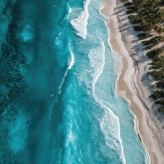 Coastal calm from above showing turquoise surf and white beach line