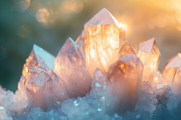 Cluster of translucent quartz crystals illuminated by warm sunlight, showcasing their intricate formations and sparkling facets.