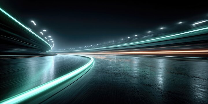 Futuristic night race track with glowing teal lines