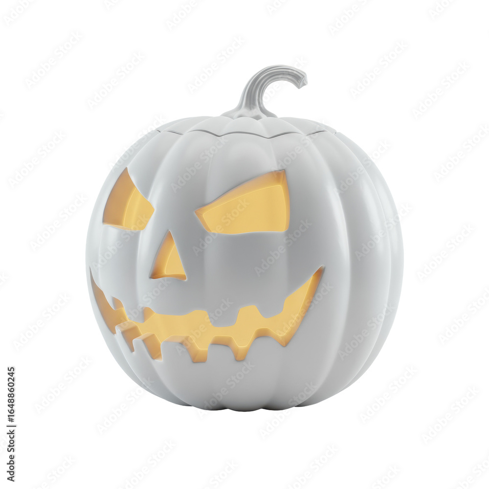 Poster white, translucent, intricately carved jack-o'-lantern with empty, void-like eye sockets, isolated i