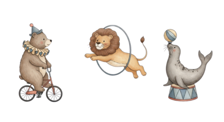 Whimsical circus animals perform thrilling acts a bear rides a bike a lion jumps through a hoop and a seal balances a ball