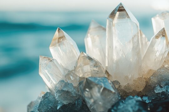Cluster of clear quartz crystals, sharply defined points, ocean backdrop.