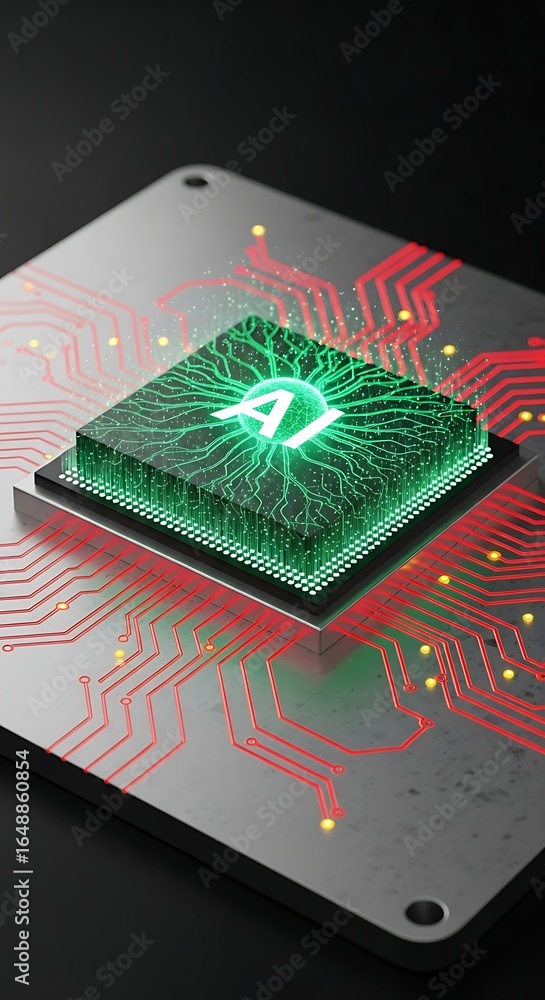 Poster cutting edge ai chip with glowing green circuits for technology of the future and machine learning n