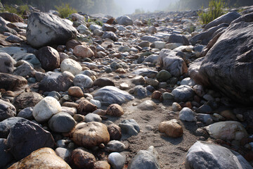 Exploring the Stark Beauty and Geological Features of a Dry Riverbed Filled with Diverse Rocks and Pebbles in a Natural Setting