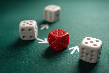 Red die amidst white dice, directional arrows