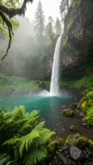 Obraz premium Misty waterfall cascading into a turquoise pool surrounded by lush greenery
