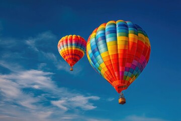 Naklejka premium Two colorful hot air balloons float against a vibrant blue sky dotted with fluffy white clouds
