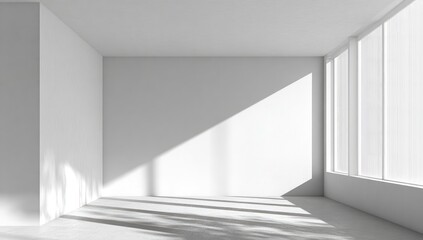 Fototapeta premium Empty, bright white room with large windows and shadows