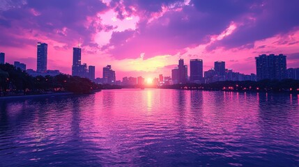 Fototapeta premium A neon-drenched metropolis, where towering steel structures pierced the night sky, casting an ethereal glow upon the streets below 