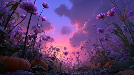 Purple flower field, pumpkins, sunset