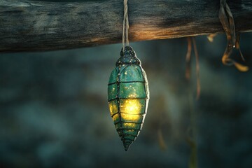 Obraz premium A mystical, glowing teal lantern hangs from a weathered branch, casting a warm light.