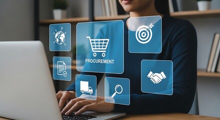 Woman using laptop with procurement icons for business and technology concept