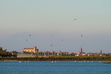 view of the lagoon inside the Po river Delta with the Comacchio village in the background, Ferrara,...