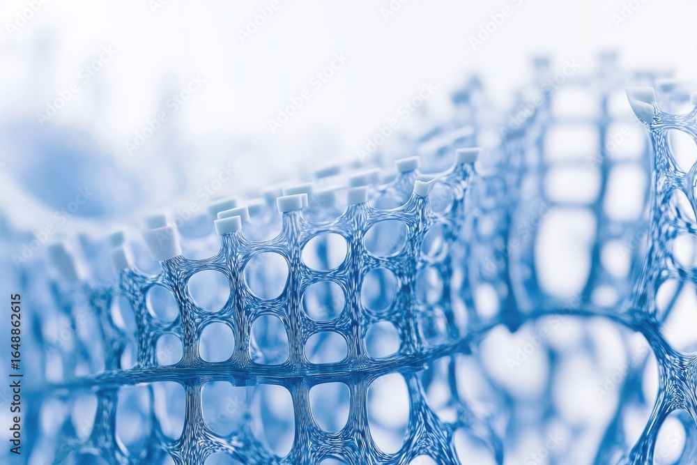 Poster abstract close-up of a complex, blue, lattice-like structure with white nodes, resembling a network 
