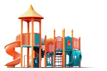 Colorful playground structure, with a tower, slide, and climbing features
