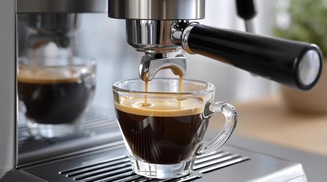 Brewing Brilliance: A close-up view captures the mesmerizing process of espresso extraction, as rich, dark coffee flows gracefully into a transparent cup.