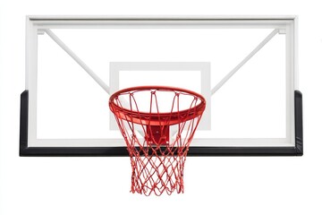 Basketball hoop against a white background.  Clear acrylic backboard with black trim.  Red rim and net