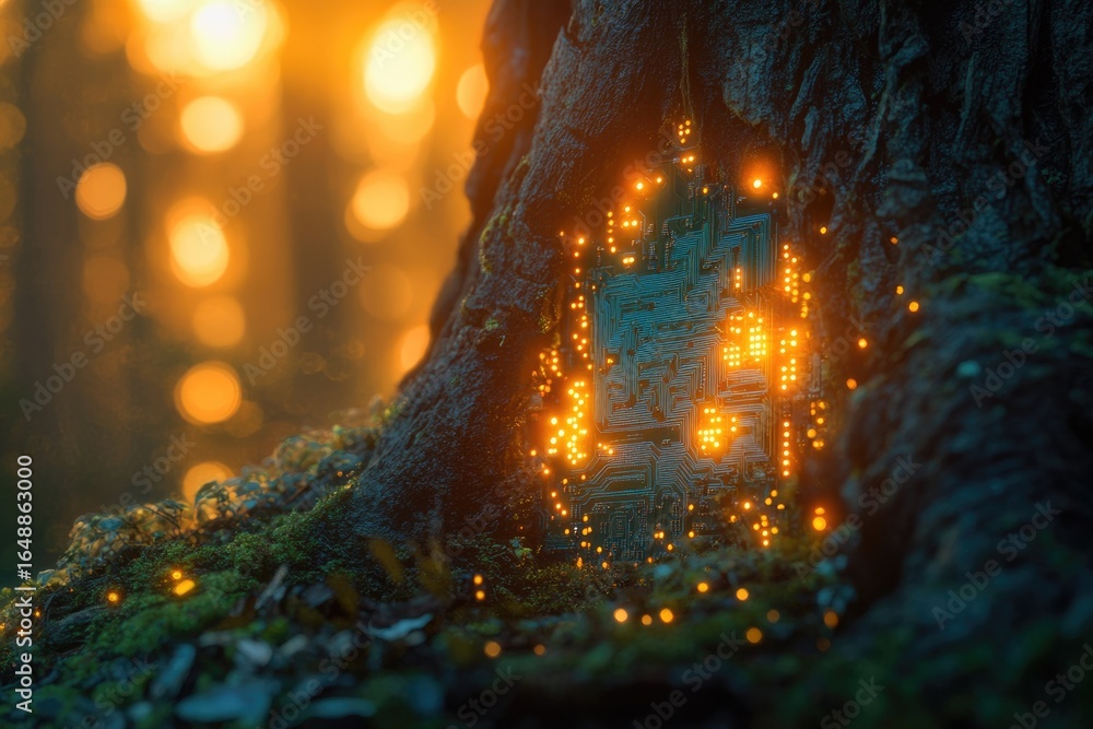 Poster a glowing circuit board nestled within the roots of an ancient tree in a mystical forest.