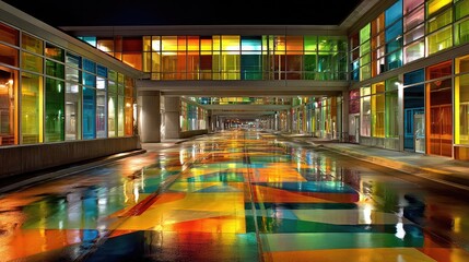 Colorful walkway at night, vibrant stained glass windows reflecting on wet pavement