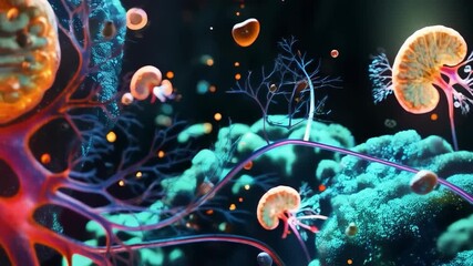 Three-dimensional visualization of the kidneys and nervous system - ideal for educational anatomy videos, medical lectures, health presentations and scientific research.
