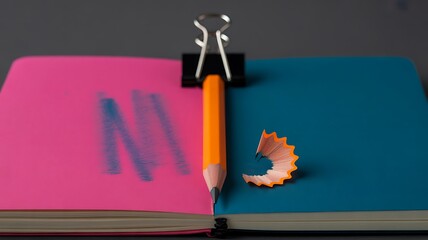 Notebooks with pencil and clip on gray background in studio shot