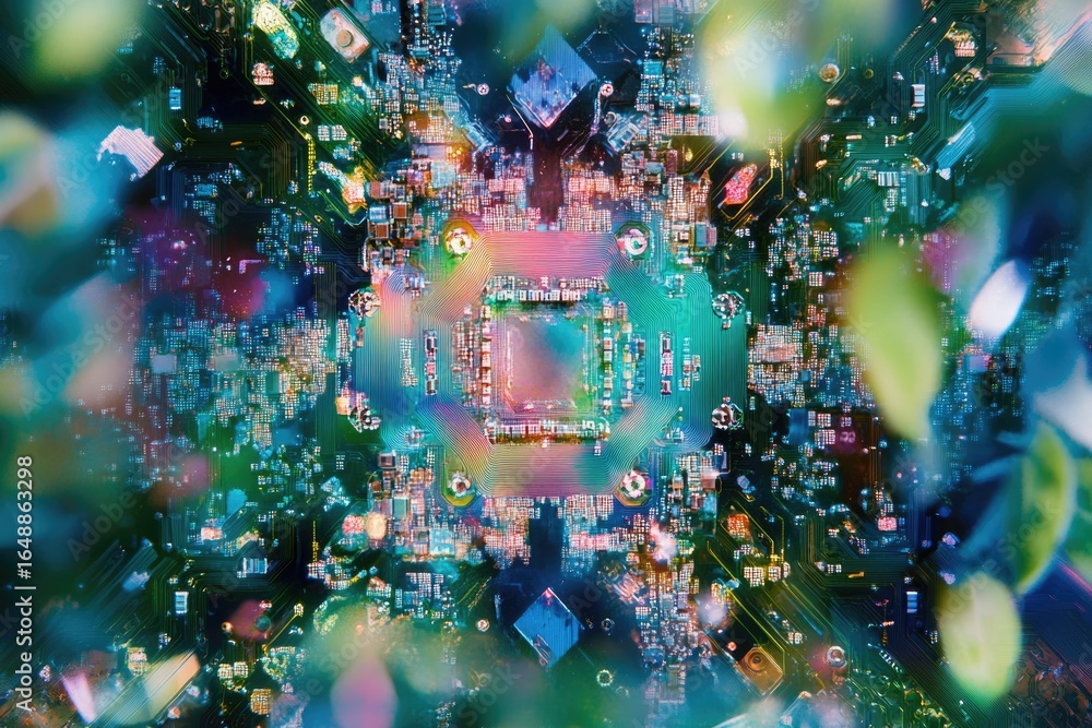 Poster close-up abstract view of a circuit board, showcasing intricate details and vibrant colors.