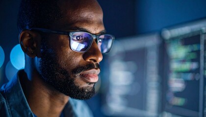 A programmer working in low light, with a serious look in his eyes