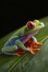 A vibrant green frog with striking red eyes sits on a large green leaf, against a black background