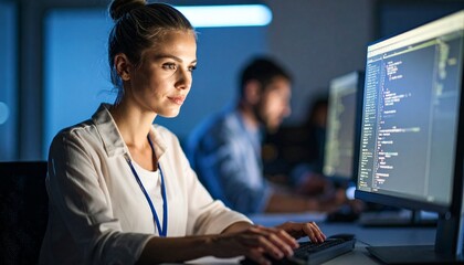A programmer working in low light, with a serious look in his eyes