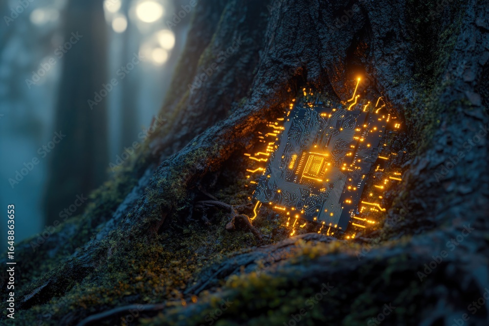 Poster a glowing circuit board rests nestled within the roots of an ancient tree in a misty forest.