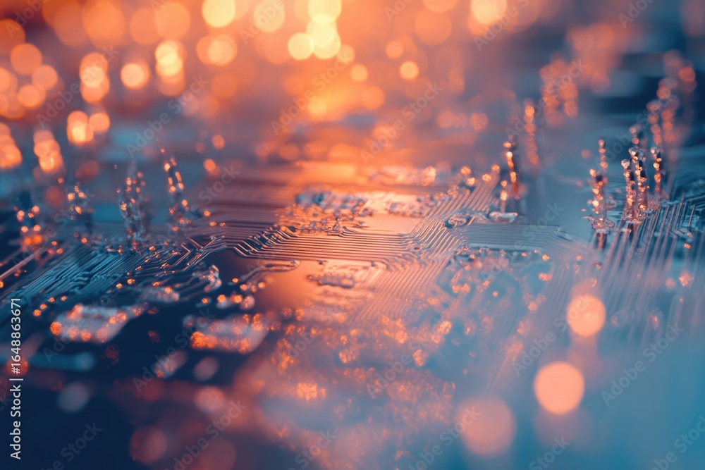 Poster close-up of a circuit board with intricate pathways illuminated by warm bokeh lights, showcasing tec