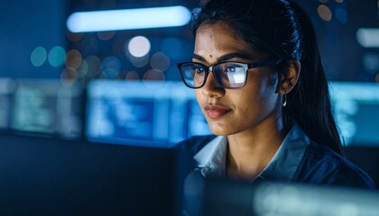 A programmer working in low light, with a serious look in his eyes