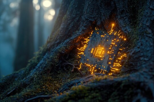 A glowing circuit board rests nestled within the roots of an ancient tree in a misty forest.