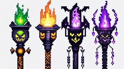 Fototapeta premium Four pixel art fantasy torches with Halloween themed designs showing green orange and purple flames on white background