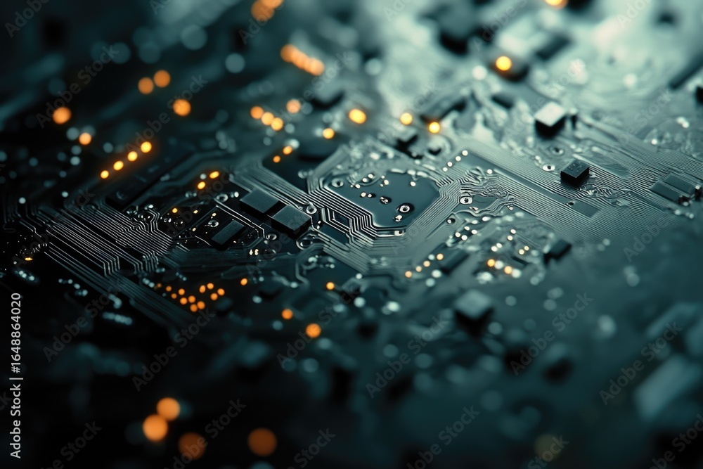 Poster close-up of a circuit board's intricate design, showcasing its complex electronic components and pat