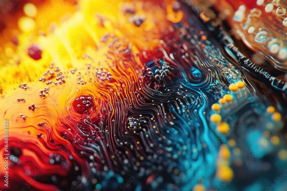 Poster abstract image of vibrant, swirling colors and patterns resembling a circuit board, with small bubbl