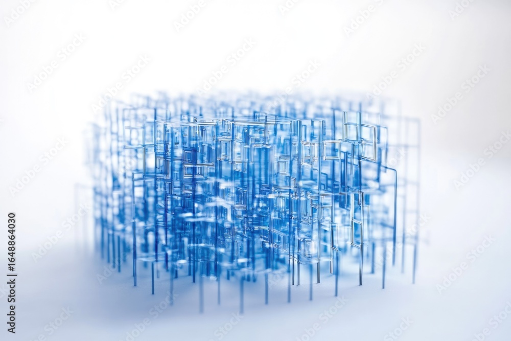 Aufkleber abstract blue cube structure, complex network of interconnected lines and shapes, intricate design.