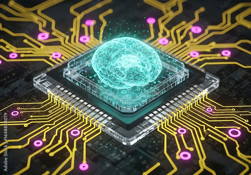Poster futuristic glowing ai brain on a circuit board, symbolizing artificial intelligence and innovation i