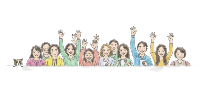 Diverse group of smiling people waving enthusiastically, conveying unity and excitement for a shared experience.