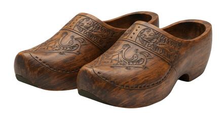 Handmade wooden clogs with carvings png isolated on transparent background