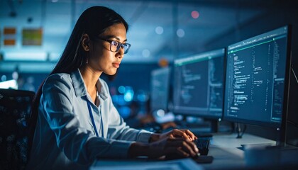 A programmer working in low light, with a serious look in his eyes