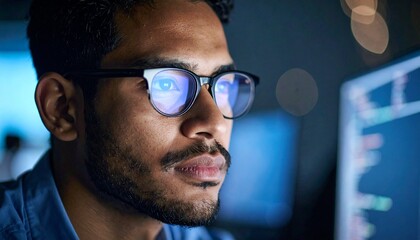 Obraz premium A programmer working in low light, with a serious look in his eyes
