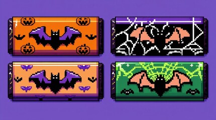 Four pixel art candy bars with Halloween themes featuring bats and pumpkins