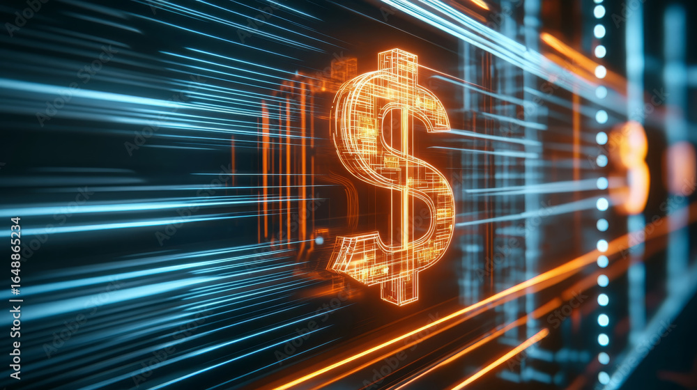 Poster digital representation of currency with glowing lines and futuristic elements, symbolizing