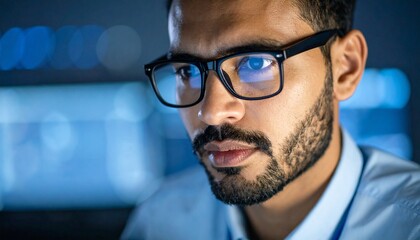 A programmer working in low light, with a serious look in his eyes